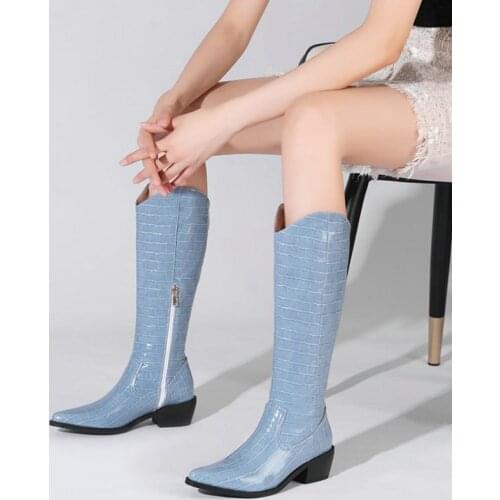 ZawsThia Winter Western Pointed Toe Chunky Heels Boots Shoes For Women Crocodile Skin Pattern Riding Equestrian Knee High Boots