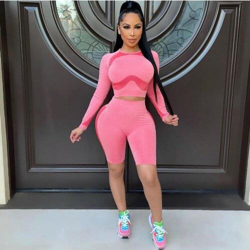 Casual Sporty 2 Piece Sets Women Outfits Crop Top and Biker Shorts Suits Fitness Workout Running Jogger Tracksuit Matching Sets