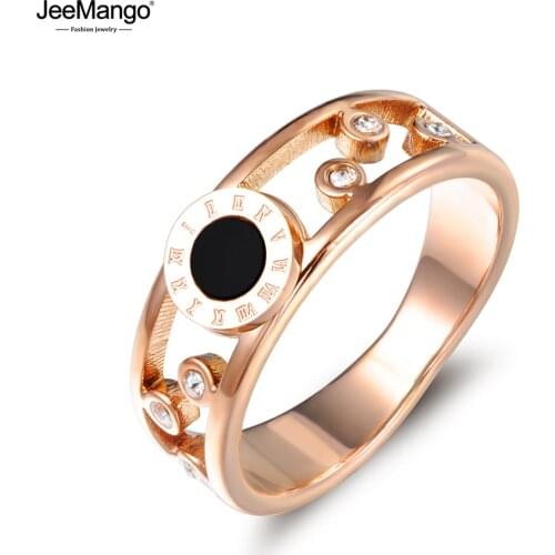 JeeMango Black Roman Numerals Pattern Wedding Rings For Women Mosaic Cubic Zirconia Stainless Steel Love Ring Jewelry JR17026