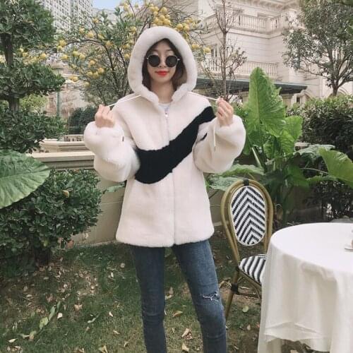 100% Wool Fur Coat Hooded Splicing Female Jacket Soft Wool Womens Coats Feminine Clothes Sheep Shearing Coat Abrigos Zjt672