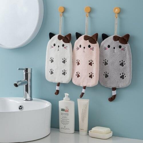 1Pcs Super Absorbent Hanging Type Cat Embroidered Towelette Home Decora Dual Purpose Coral Velvet Hand Towel Bathroom Supplies