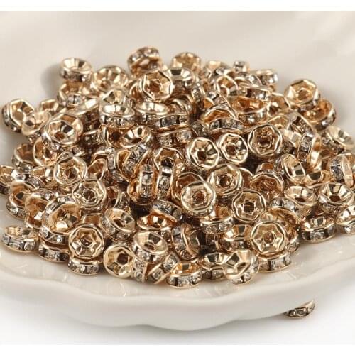 100pcs/lot Light Gold Rhinestone Rondelles Crystal Bead 4/6/8/10mm Loose Spacer Beads for DIY Jewelry Making Accessories Supplie