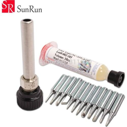 12pcs Tips 900M-T Lead-free Solder Iron Tip For Soldering Rework Station+1Pcs NC-559-ASM Flux paste + 1Pcs Iron Casing