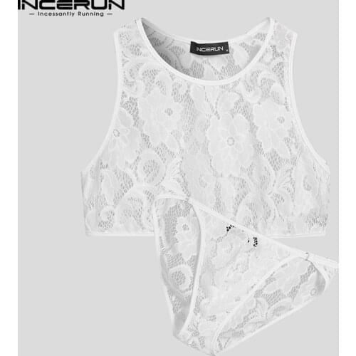 2021 Men Pajamas Sets Mesh See Through Lace O Neck Sleeveless Tank Tops & Brief Homewear Sexy Men Sleepwear Suits S-5XL INCERUN