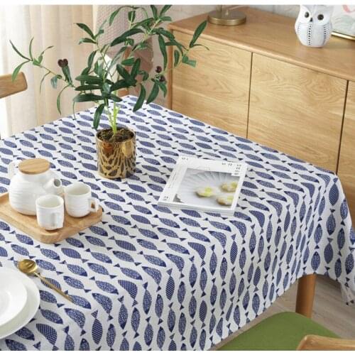 Home Table Cloth Blue Printed Cotton Linen Tablecloth for Wedding Party Decor