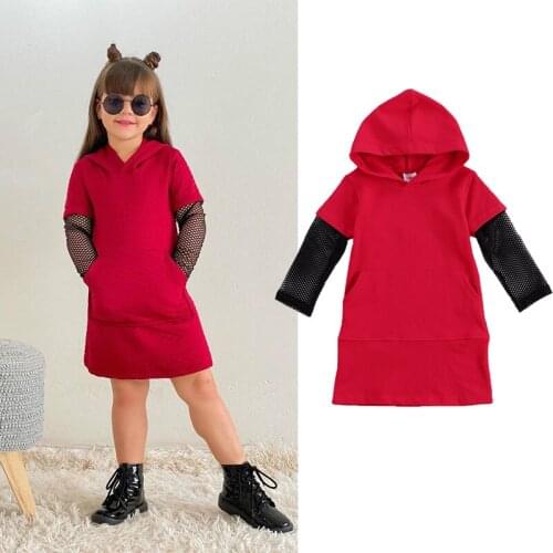 FOCUSNORM Fashion Kids Girls 2-7Y Autumn Dress Mesh Patchwork Long Sleeve Straight Knee Length Dress