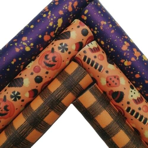 Halloween Plaids Candies Printed Synthetic Leather Smooth Faux Fabric Sheets Felt Backing Vinyl For Earrings Bow 21X29CM GM2347B