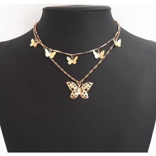 Kpop Multi-layer Hollowed-out Butterfly Necklace Gold Chain Choker Boho Jewelry Women Collier Femme Long Necklaces