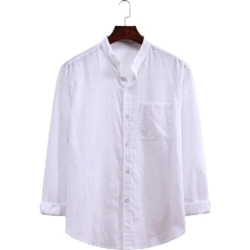 Best Sale Men Loose Casual Solid Color Plain Mandarin Collar Pocket Linen Long Sleeve Shirt