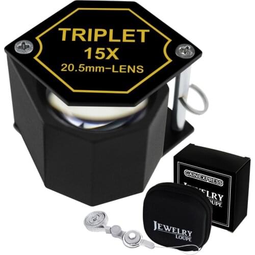 15x Jewelry Loupe Magnifier 20.5mm Triplet Lens Hexagonal Design Kit Set Metal (Aluminum) Body Black Frame Magnification Loupe