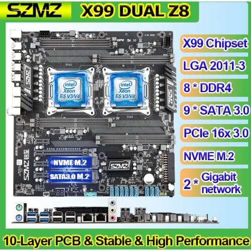 SZMZ X99 Dual CPU Motherboard LGA 2011 v3 Support Xeon E5 V3 V4 series with 8 DDR4 + 9 SATA 3 for Disk Miner Mining Gaming Kit