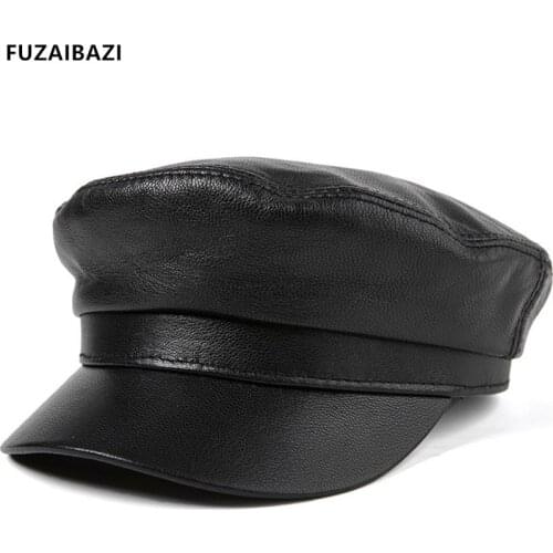 FUZAIBAZI Fashion Genuine Leather Military Cap Mens Womens Autumn Winter New Lambskin Caps Trend Flat Hat