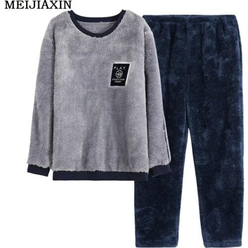 Mens Pajamas Set Coral Fleece Suit Flannel Warm Home Service Autumn and Winter Fashion Sleepwear