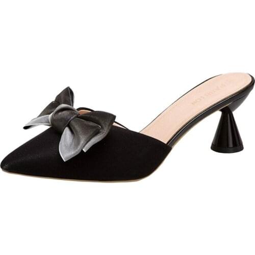 Womens Mules Shoes Women Bow Tie 2020 Female Half Slippers Casual Shoes Spring Summer Lady Pointed High-heels Slides Slippers