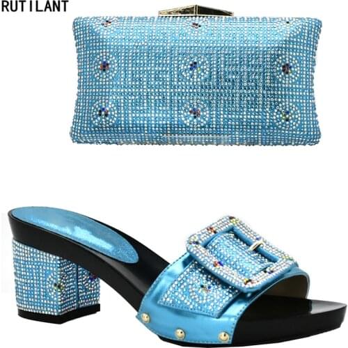 Sky Blue Color Italian Shoes with Matching Bags Set Decorated with Rhinestone African Italian Shoe and Bag Set Elegant Shoes Bag