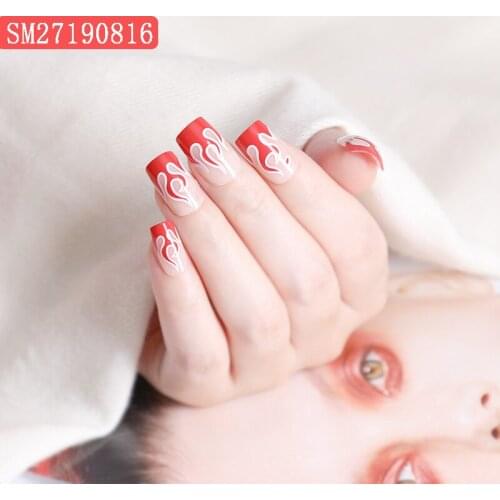 24pcs/Set Nail Art Tips Flame Fire Pattern False Nails Pre-Design Girls Short Full Cover France Fake Nails Perfect For Daily