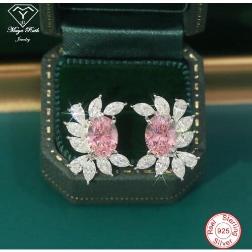 Simulated Pink Diamond Unusual Stud Earrings Real 925 Sterling Silver Party for Women Anniversary Bridal Female Gifts Sparkling