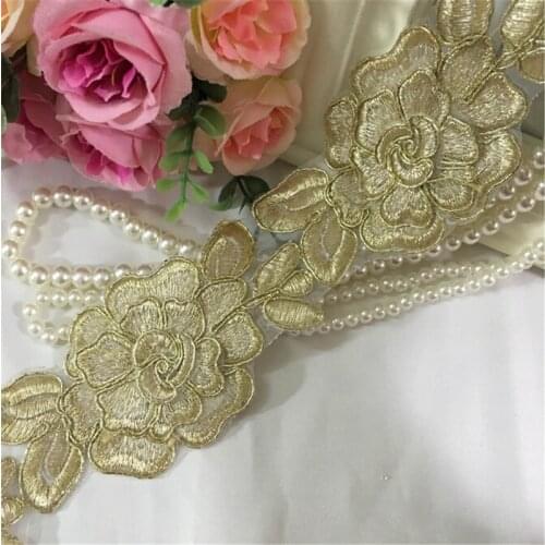 Delicate 1Yard Wedding Dress Cording Lace Applique Gold Thread Embroidery Lace Accessories Trim LJ0014