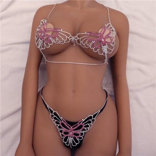 New rhinestone butterfly body chain bra sexy bikini chest chain thong suit nightclub crystal harness underwear jewelry womangift