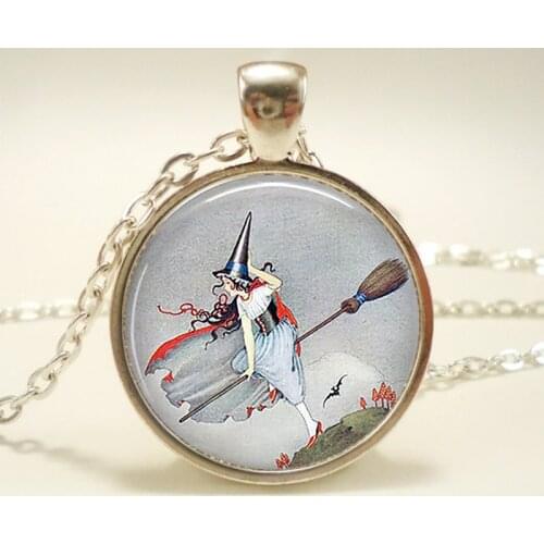 Wholesale Lovely Broom Ride Pendant Witch Necklace Handmade Cabochon Jewelry Samhain Halloween Gift for Woman Girls Children Kid