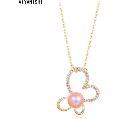 AIYANISHI 18K Gold Filled Natural Freshwater Pearl Necklaces Charm Lover Necklaces Jewelry Freshwater Pearl Butterfly necklaces