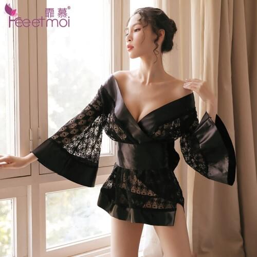 Vintage Women Japanese Kimono Bell sleeve Sleepwear Sexy Deep V-neck Satin Nightwear Short Bath Robe Cardigan Sleepwear hot