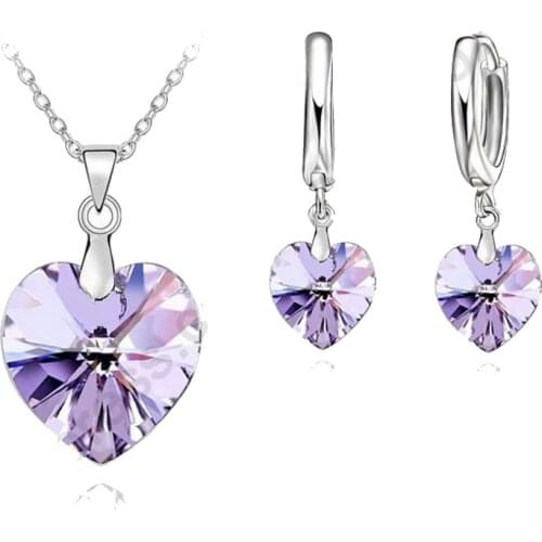 Romantic Violet SW Crystal Ocean Heart 925 Sterling Silver Pendant Necklace Earring Jewelry Set With Lever Back Earring