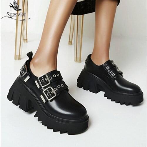 Sgesvier 2021 Platform Spring Autumn Female Pumps PU Patent Leather Buckle Women Shoes Round Toe Fashion Square Heels Size 35-43