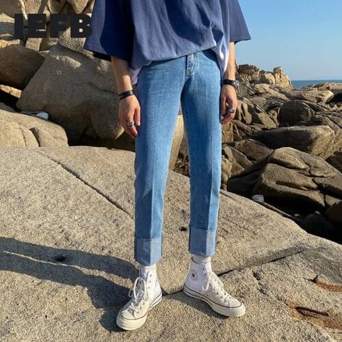 IEFB 2021 Blue Jeans Mens Slim Fit Korean Fashion Casual Ankle-length Denim Pants Trend Streetwear Fashion Denim Trousers Y7199