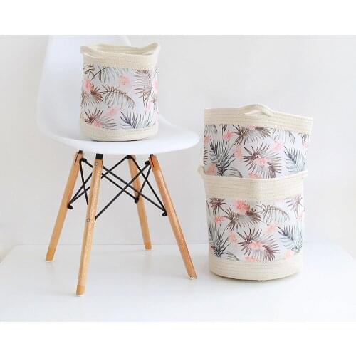 Nordic Green Leaf Cotton Rope Storage Basket Tropical Flowers Woven Finishing Baskets Foldable Sundries Organizer Bucket 1PC