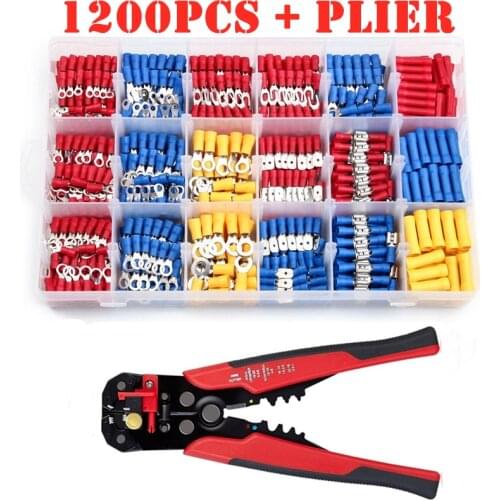 1200PCS Electrical Wire Insulated Cable Connector Crimp Spade Butt Ring Fork Ring Lugs Rolled Terminals + Self Adjusting Plier