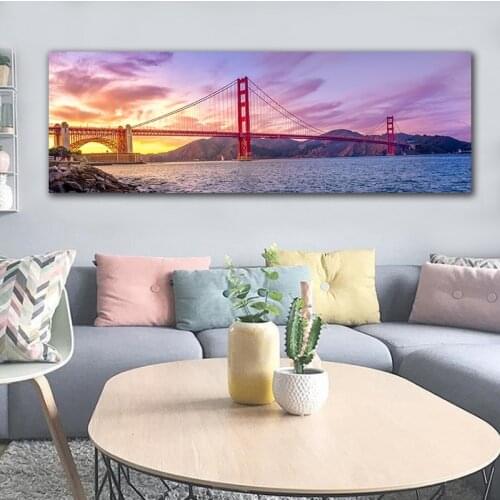 Modern Big Size Landscape Canvas Painting Golden Gate Bridge Sunset Ar Home Decor Wall Poster Picture for Bedroom Interior Decor