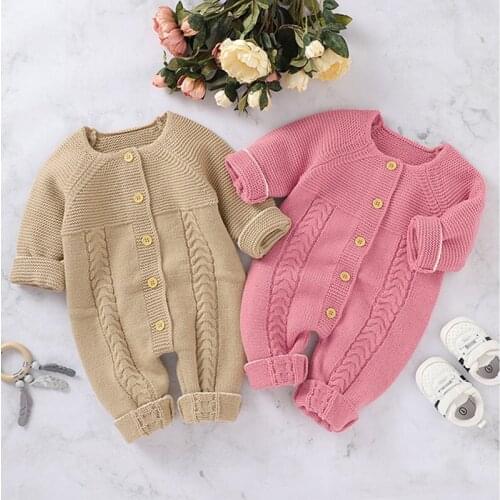 Knit Baby Rompers Solid Color Buckle Knit Autumn Newborn Boys Girl Jumpsuits Clothes Winter Long Sleeve Toddler Sweater Overall