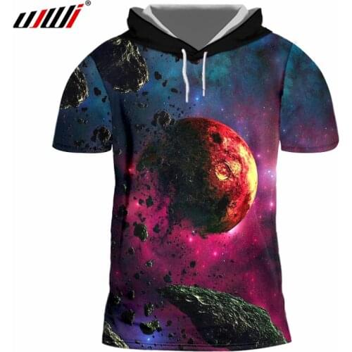 UJWI Hooded T-shirts New Arrival Men 3d Print Space Planets Cool Tshirt Hombre Bodybuilding Fitness Clothes Short Sleeve Shirts