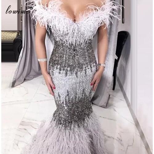 Middle East Plus Size Prom Dresses 2020 Mermaid Feathers Sexy Cocktail Dresses Evening Wear Sequins Women Party Gowns Vestidos