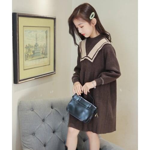 White Brown Knit Teenager Girls Sweater Dress School Clothing Autumn Winter Dresses 2021 Baby Children Fashion Spring Clothes