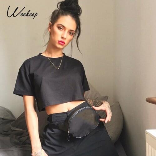 Weekeep Cropped Loose Solid t shirt Women O-neck Streetwear Crop Top 2019 Summer Sexy tee shirt femme tshirt