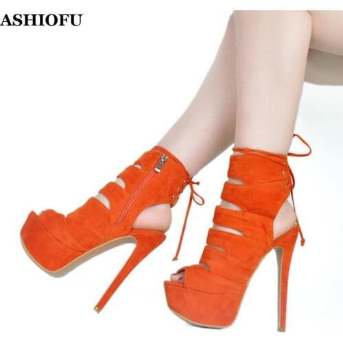 ASHIOFU Handmade Ladies High Heel Sandals Slingback Cross Shoelace Sexy Platform Shoes Party Prom Club Fashion Sandals Shoes