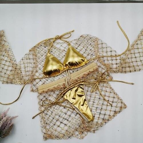 Sexy 4 Piece Bikini Set Women Shinny Sequin Solid Gold Bandage Long Sleeve Mesh Swimsuit Summer Hollow Out Bathing Suits Biquini