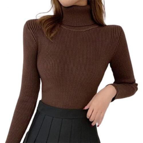 Women Solid Color Knitwear Long Sleeve Turtle Neck Slim Pullover Sweater Blouse