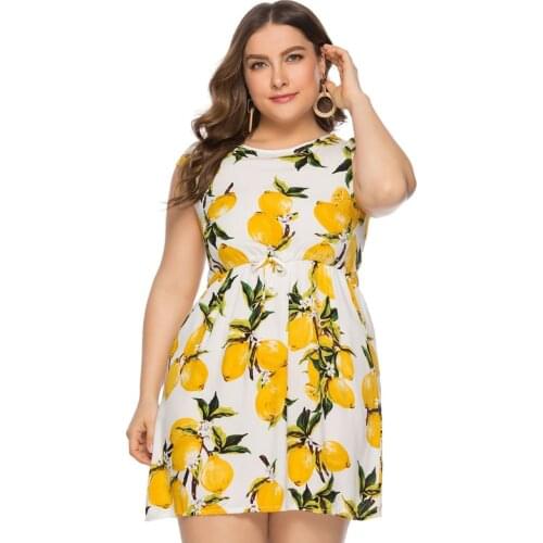 2021 Summer Womens New Large Size Fashion Elegant Yellow Printed Round Neck A-line Dress