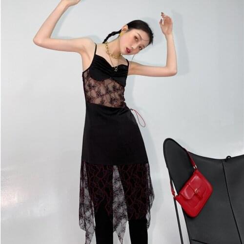 Women See Through Lace Splice Sling Drawstring Dress Streetwear Hip Hop Night Club Sexy Irregular Spaghetti Strap Dresses Summer