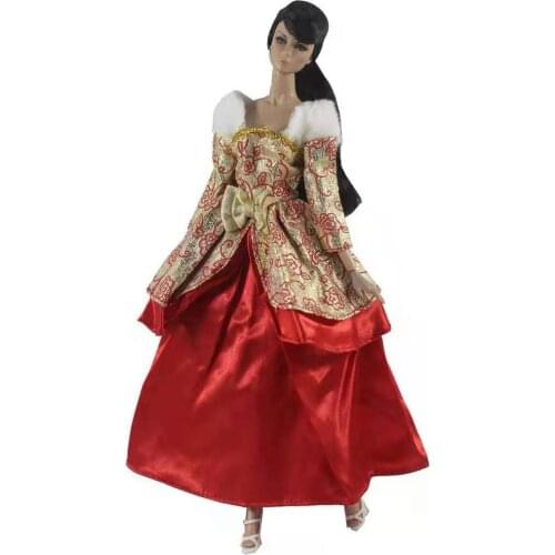 Gold Red Floral Bowknot Winter Long Sleeve 11.5" Doll Dress For Barbie Clothes Vestidos Clothing Princess Gown 1/6 BJD Accessory