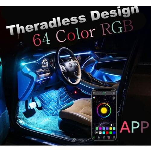 9Pcs Car LED Interior Decorative Light Ambient Light Foot lamp 64 Colors APP Control DIY Soft Reset Optic Fiber Band