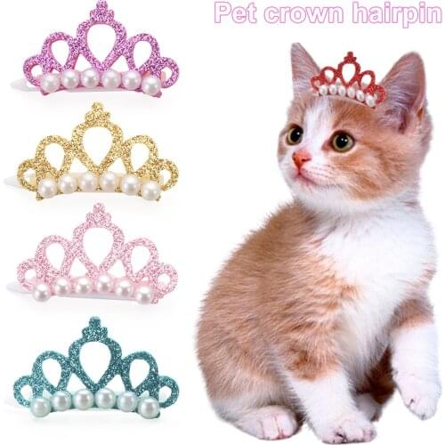 Pet Bowknot Hairpin Small Dogs Faux Pearl Crown Shape Bows Hair Clips Cat Grooming Headdress Bow-tie Hairpin Pet Accessories