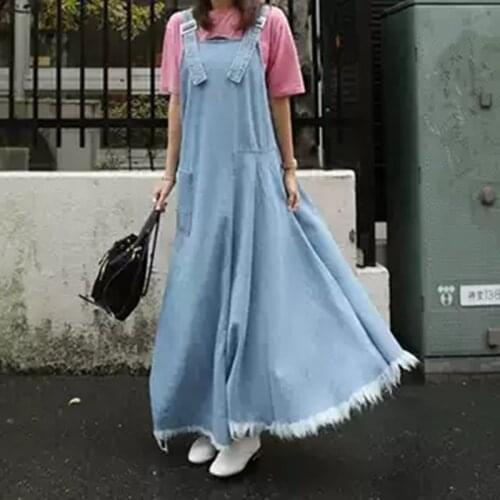 Free Shipping 2020 New Fashion S-XL Dresses For Women Long Maxi Dresses Sleeveless Spring Autumn Denim Light Blue Dress Tassels