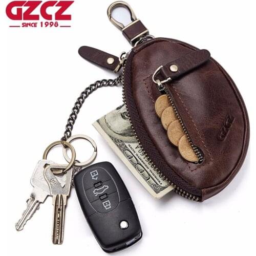 GZCZ New Genuine Leather Keychain Men Women Vintage Handmade Zipper Car Key case Card Holder Coin Purse Organizer sleutelhoesje