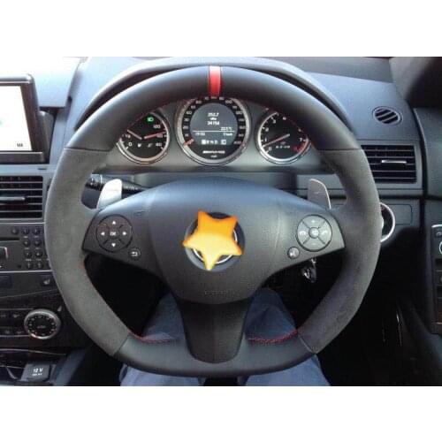 For Benz W204 C63 AMG Black Suede Black Leather DIY Car Steering Wheel Cover