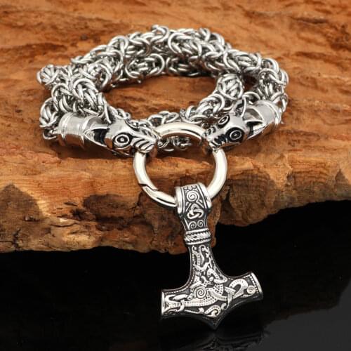 Men stainless steelNordic viking odin wolf head with thor hammer Mjolnir pendant necklace -handmade chain