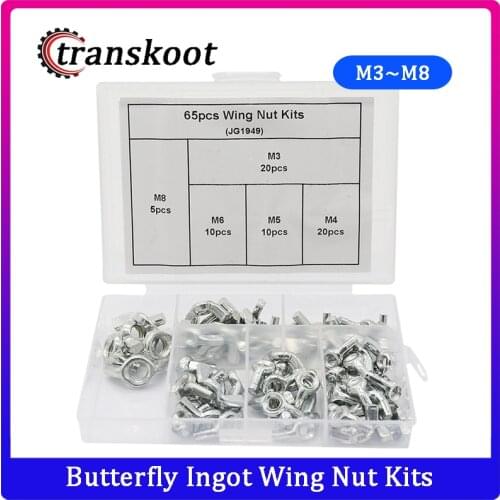 65pcs Carbon Steel Hand Tighten Nut Butterfly Ingot Wing Nut Assortment Kits